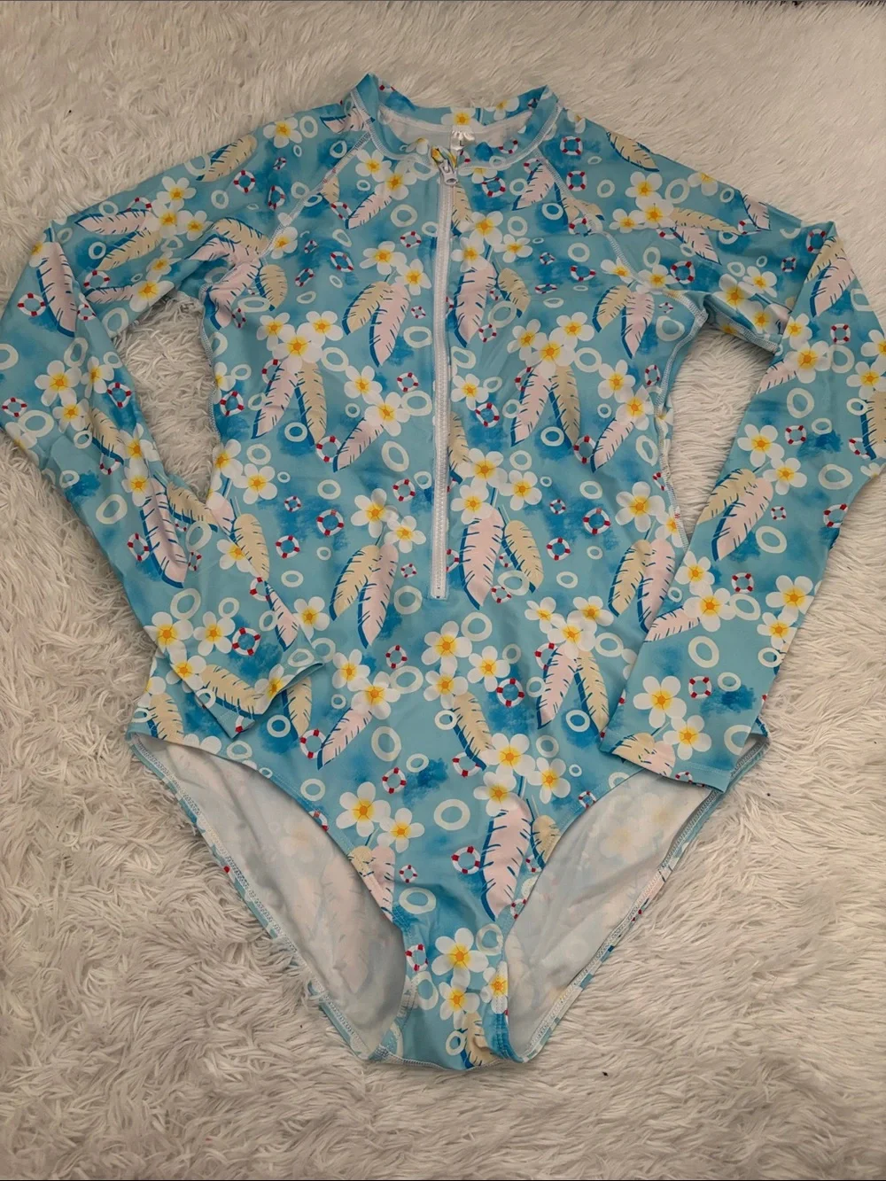 NEW Rash Guard Long Sleeve Zip Front Floral Tropical Print One Piece Swimsuit L